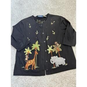 Vintage Black Button-Up Jacket with Animal and Tree Embroidery